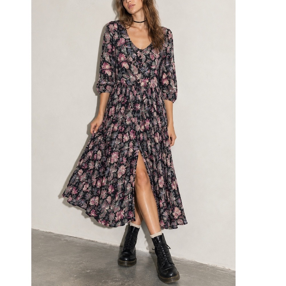 VINTAGE 90s STARINA Floral Babydoll 3/4 Sleeve Midi Dress Dark Romantic